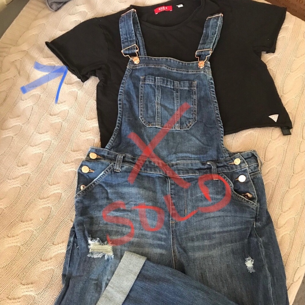 SOLD-Guess black crop top & Guess LA denim overalls